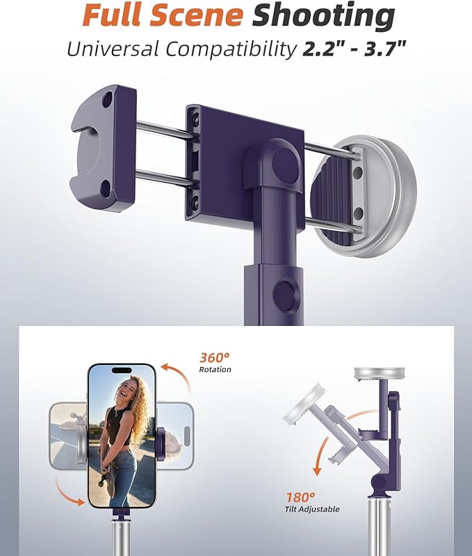 62" Phone Tripod & Selfie Stick, Tripod for iPhone with Remote, All-in-1 Cell Phone Stand, Portable, Extendable Stand for Selfies Video Recording Vlog, Compatible with iPhone Android (Purple)