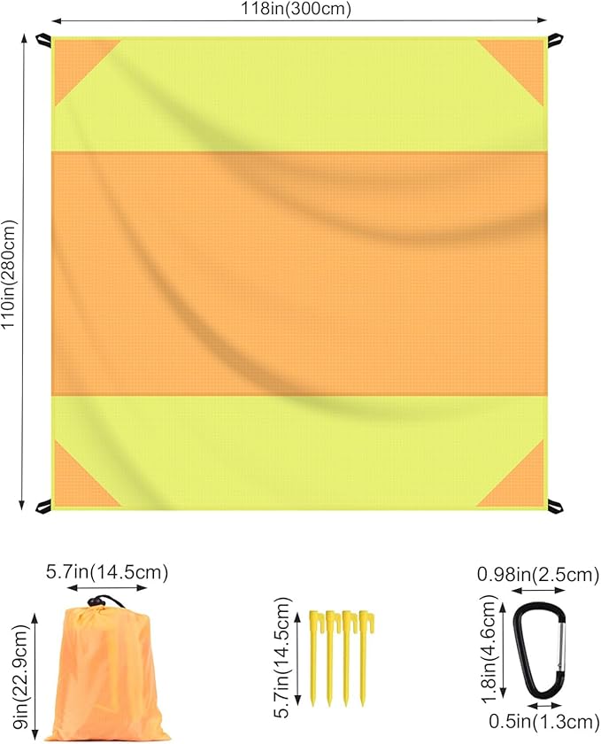 Beach Blanket Sandproof Waterproof, Large Beach Mat Lightweight Portable Quick Drying for Picnic Camping Hiking Travel Beach Accessories (1, Bigorangeyellow, 118"x110")