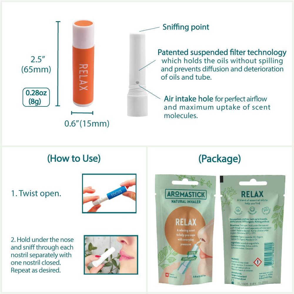 Aromatherapy Nasal Inhaler [Swiss Made] Organic Essential Oils Set Diffuser [ Portable Aromatherapy Stick] (1 Stick, Focus) (3 Count (Pack of 1), 3pcs Stress Relieving Pack (Relax, Balance, Calm))