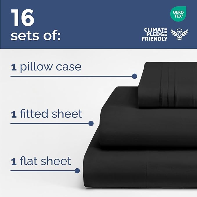 Bulk Case Pack of 16 Sheet Sets - (16) Complete Twin XL Size Sheet Sets with Deep Pockets - Wholesale Bulk Bedding for Hotels, Spas & Airbnbs - Breathable, Cooling & Wrinkle Free - (Twin XL, Black)