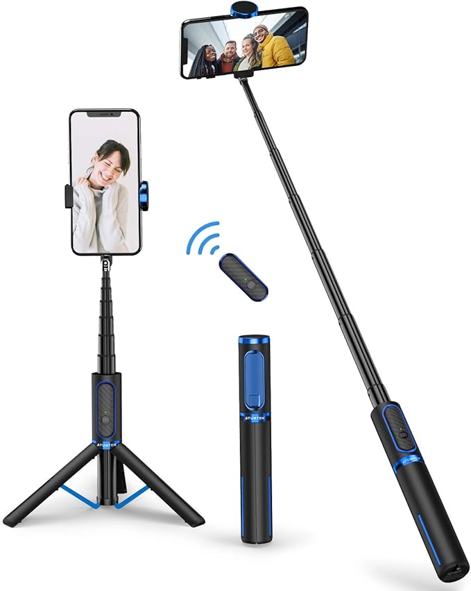 ATUMTEK Selfie Stick Tripod, 3-in-1 Extendable Aluminum Phone Tripod with Detachable Bluetooth Remote, Compatible with iPhone 17/16/15/14/13/12/11/11 Pro/XS Max/XR and Samsung Smartphones, Blue