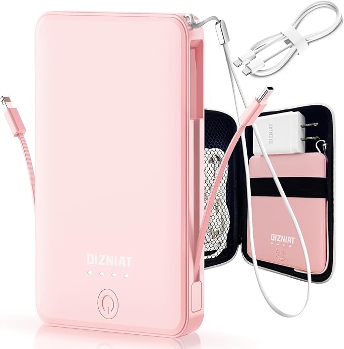 Power Bank,Pink Portable Charger w/Type C Charger Fast Charging & Built in USB C Cable,10000mAh 4 Outputs Battery Pack Clutch Charger for Apple iPhone17-11,Galaxy,Birthday Gifts for Women