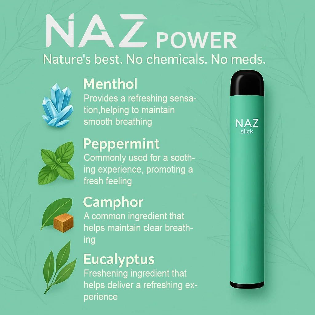 Naz Electric Nasal Stick - Portable Essential Oil Vaporizer for Aromatherapy, Cool & Refreshing, Simple Ingredients | Non-Medicated Menthol Inhaler 3-Pack