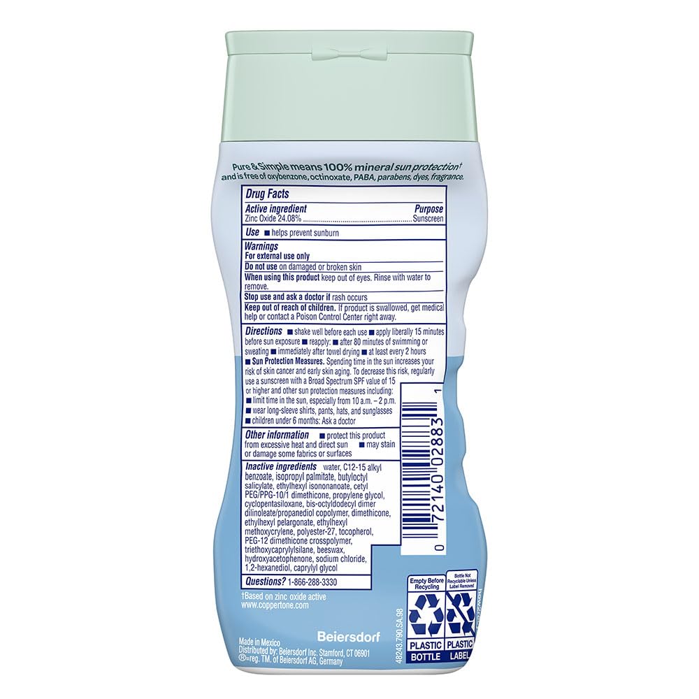 Coppertone Pure and Simple Zinc Oxide Mineral Sunscreen Lotion SPF 50, Water Resistant Sunscreen for Sensitive Skin, Hypoallergenic and Fragrance Free, 6 Fl Oz Bottle, Pack of 2