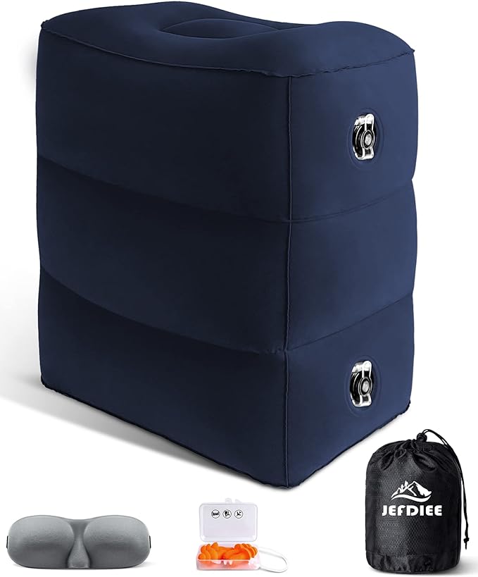 JefDiee Inflatable Travel Foot Rest Pillow, Kids Airplane Bed, Adjustable 3 Layers Height Leg Rest Pillow, Adults Travel Essentials Great for Airplane, Office, Home, Trains, Cars (Blue)