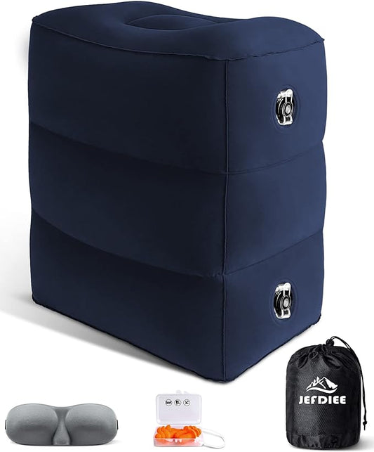 JefDiee Inflatable Travel Foot Rest Pillow, Kids Airplane Bed, Adjustable 3 Layers Height Leg Rest Pillow, Adults Travel Essentials Great for Airplane, Office, Home, Trains, Cars (Blue)