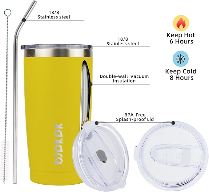BJPKPK Yellow Stainless Steel Tumbler With Lid And Straw 20 oz Insulated Tumblers Thermal Cup For Hot And Cold Drinks