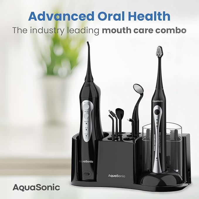 AquaSonic Home Dental Center Rechargeable Power Toothbrush & Smart Water Flosser - Complete Family Oral Care System - 10 Attachments and Tips Included - Various Modes & Timers (Black)