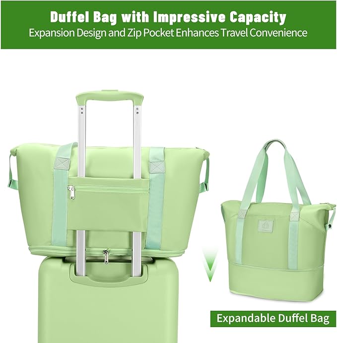 2 Piece Luggage Sets with Spinner Wheels Front Open Pocket, ABS+PC Suitcase with TSA Lock & YKK Zipper, Carry On 20/24 inch Medium +Toiletry Bag+Handbag, Light Avocado Green