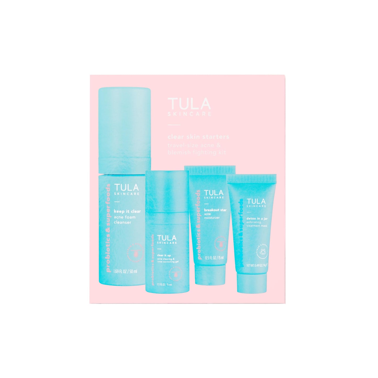 TULA Skin Care Clear Skin Starters Acne & Blemish Fighting Discovery Kit - Foam Cleanser, Correcting Gel, Moisturizer, Treatment Mask and Travel Bag to Treat & Prevent Acne, 4-Piece Kit