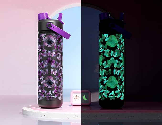 26 oz Insulated Water Bottle with 2-in-1 Straw and Spout Lid, Glow-in-the-Dark, 24H Cold, Leakproof, Fits in Car Cup Holder, Stainless Steel for Sports, Travel, and School (Midnight Mirage)