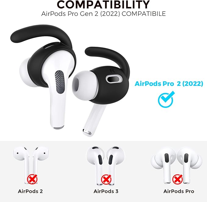AhaStyle 3 Pairs AirPods Pro 2nd Generation Ear Hooks【Added Storage Pouch】 Anti-Slip Ear Covers Silicone Accessories Compatible with Apple AirPods Pro 2nd Generation (3 Large, Black)