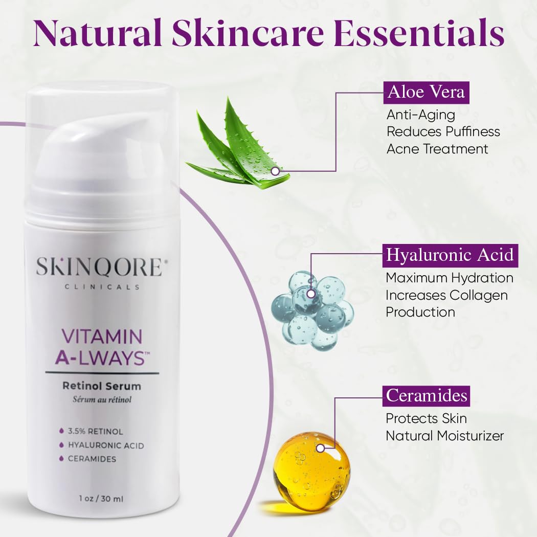 Retinol Serum with Hyaluronic Acid, Ceramides Vitamin A & Antioxidants | Anti Wrinkle Glass Skin Care | Dark Spot Remover for Face | Gently Exfoliates | Fragrence Free & Plant Based - 1 Oz