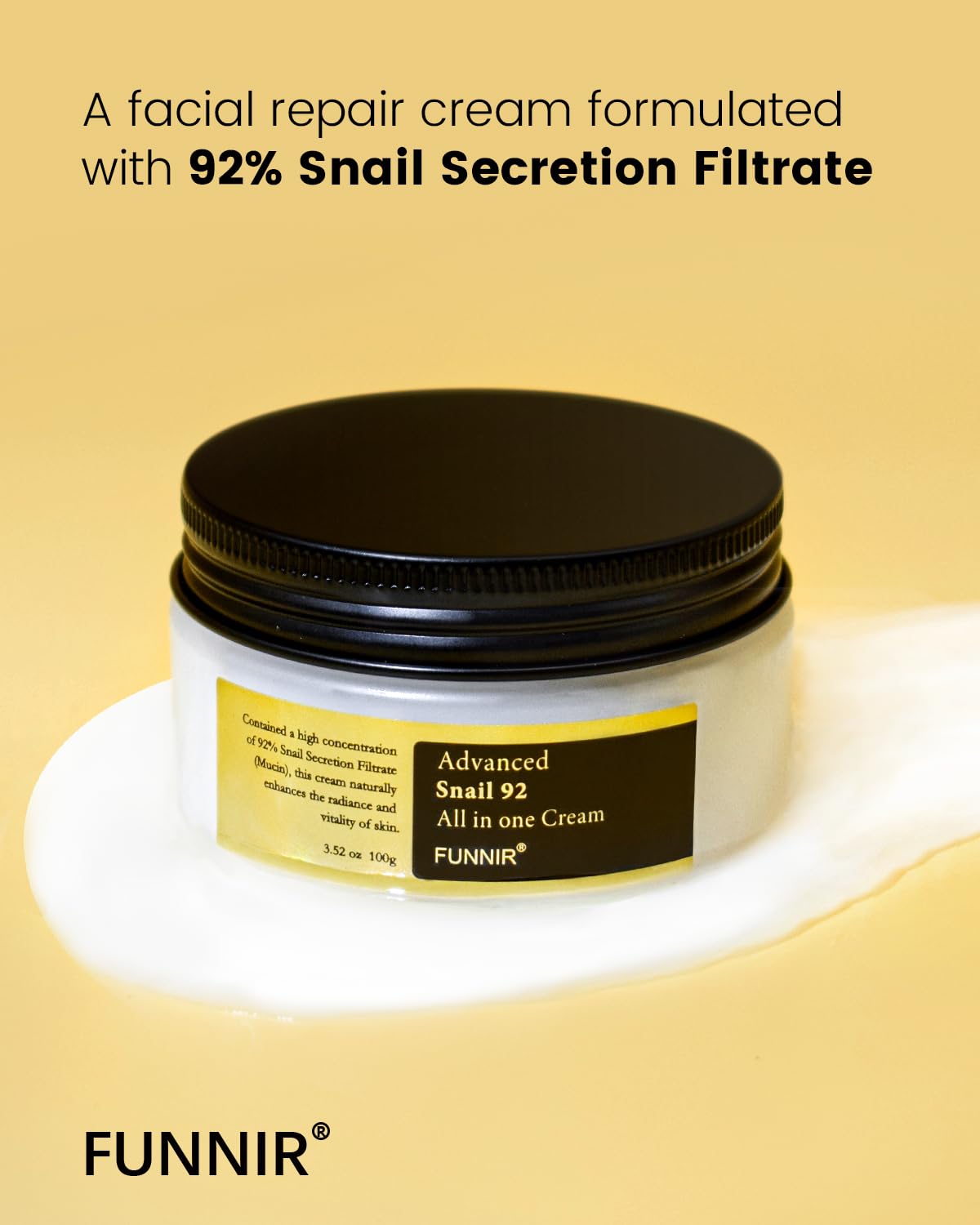 FUNNIR Snail Mucin Moisturizer 92%, Lightweight Moisturing Cream, 100g, Youthful and Radiant Formula, Repair Face Cream for All Skin Types, Skincare Products