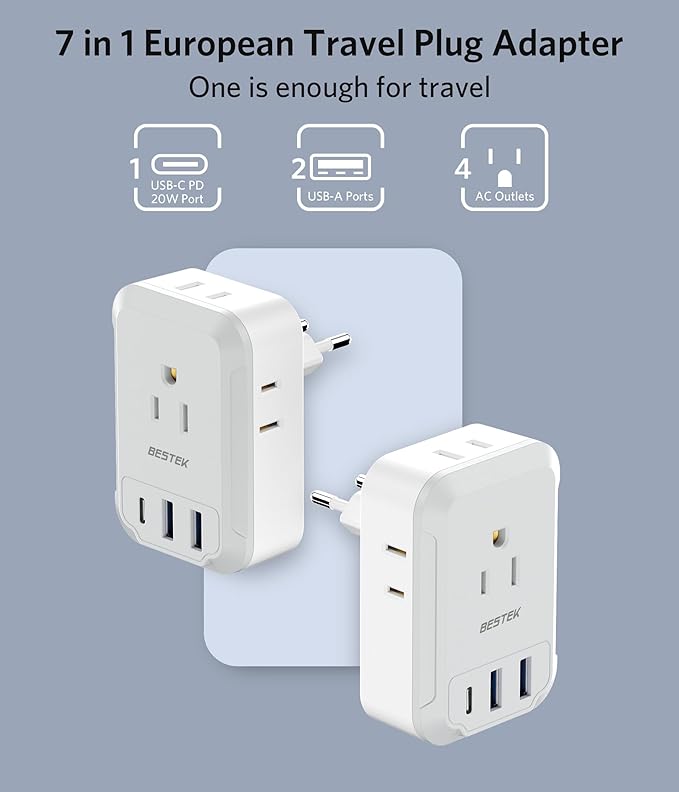 BESTEK 2 Pack European Travel Plug Adapter USB C - US to Europe Plug Adapter with 4 Outlets 3 USB Charger (1 PD 20W) Type C Plug Adapter Travel Essentials to Most Europe EU Spain Italy France Germany