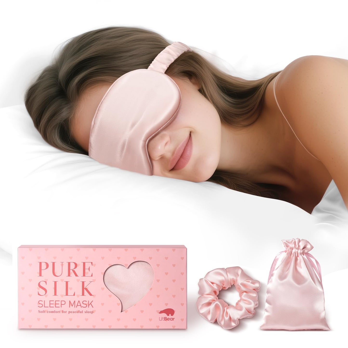 LitBear 100% Pure Silk Sleep Mask, 22 Momme 6A Mulberry Silk Fabric and Filling, Total Light Blocking Eye Mask Sleeping for Women, Men, Side Sleepers, Includes Travel Pouch and Scrunchie