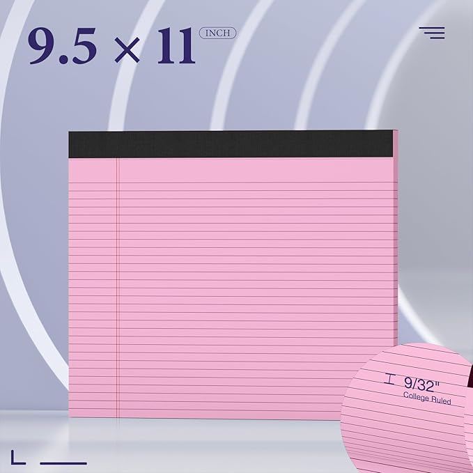 6 Pack Note Pads 11" x 9.5" Colored Legal Pads College Ruled Pink Notepad Perforated Writing Pads 80GSM Lined Paper Pads of College Ruled Paper 30 Sheets Notebook To Do List for School, Office, Home
