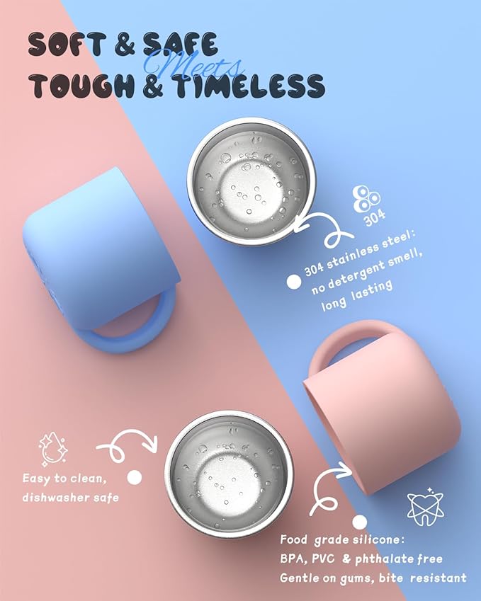 2-IN-1 Open Toddler Cups, Stainless Steel Cup + Silicone Training Cup for Toddlers Kids Babys, No Plastic | No Soap Smell | Shock-Proof Baby Led Weaning Supplies, 2-Pack Blue/Blush