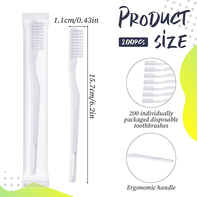 200 Pack Individually Wrapped Disposable Toothbrush Bulk, Soft Bristle Travel Toothbrush for Adults, Hotels, Travel, Donation, White