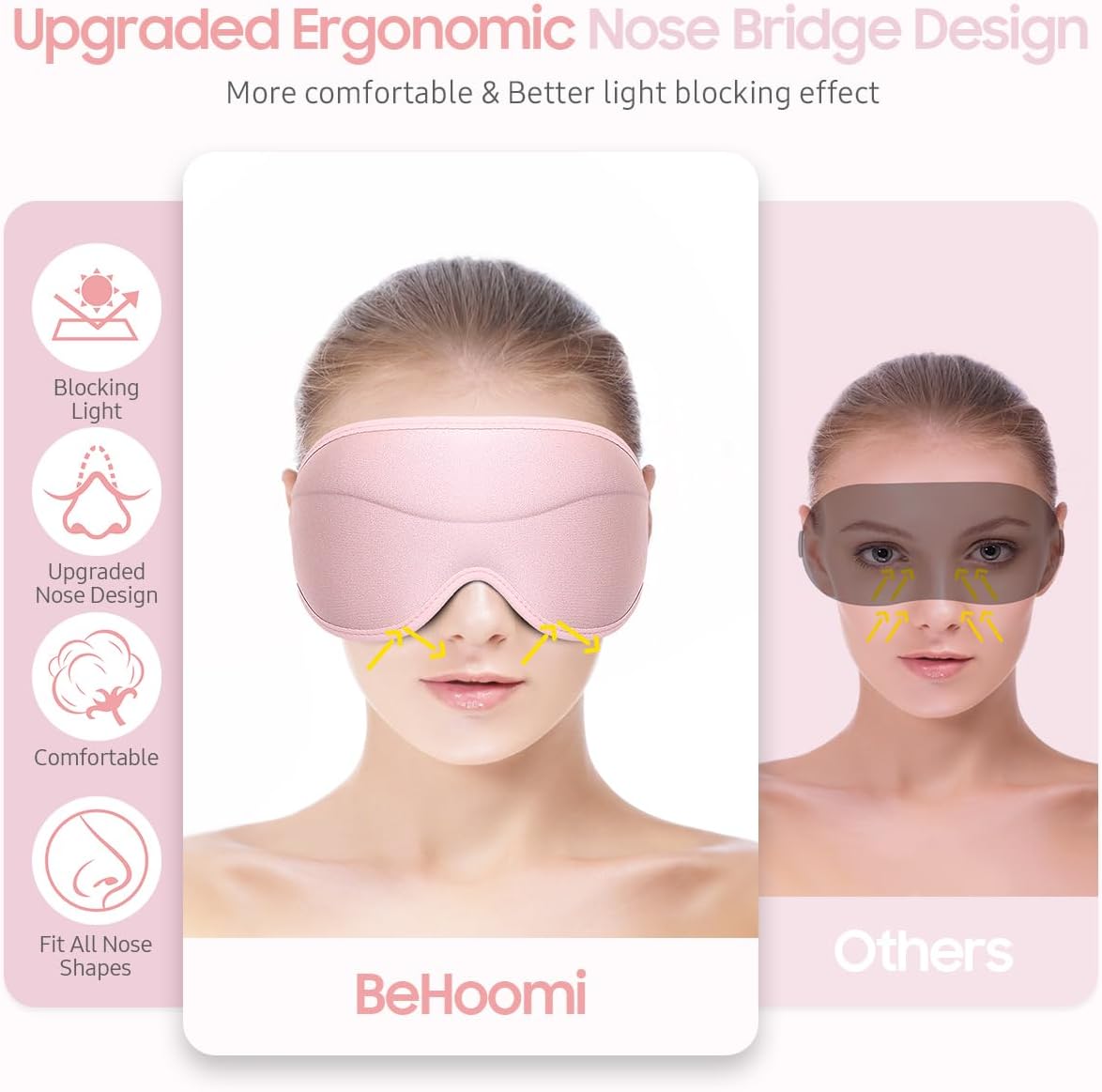 BeHoomi Sleep Mask, Premium Eye Mask for Sleeping, Total Blackout, Super Soft Comfort, Adjustable Fit, Upgraded 3D Ergonomic Designed Sleeping Mask for Home, Office, Travel, Meditation, Yoga, Pink