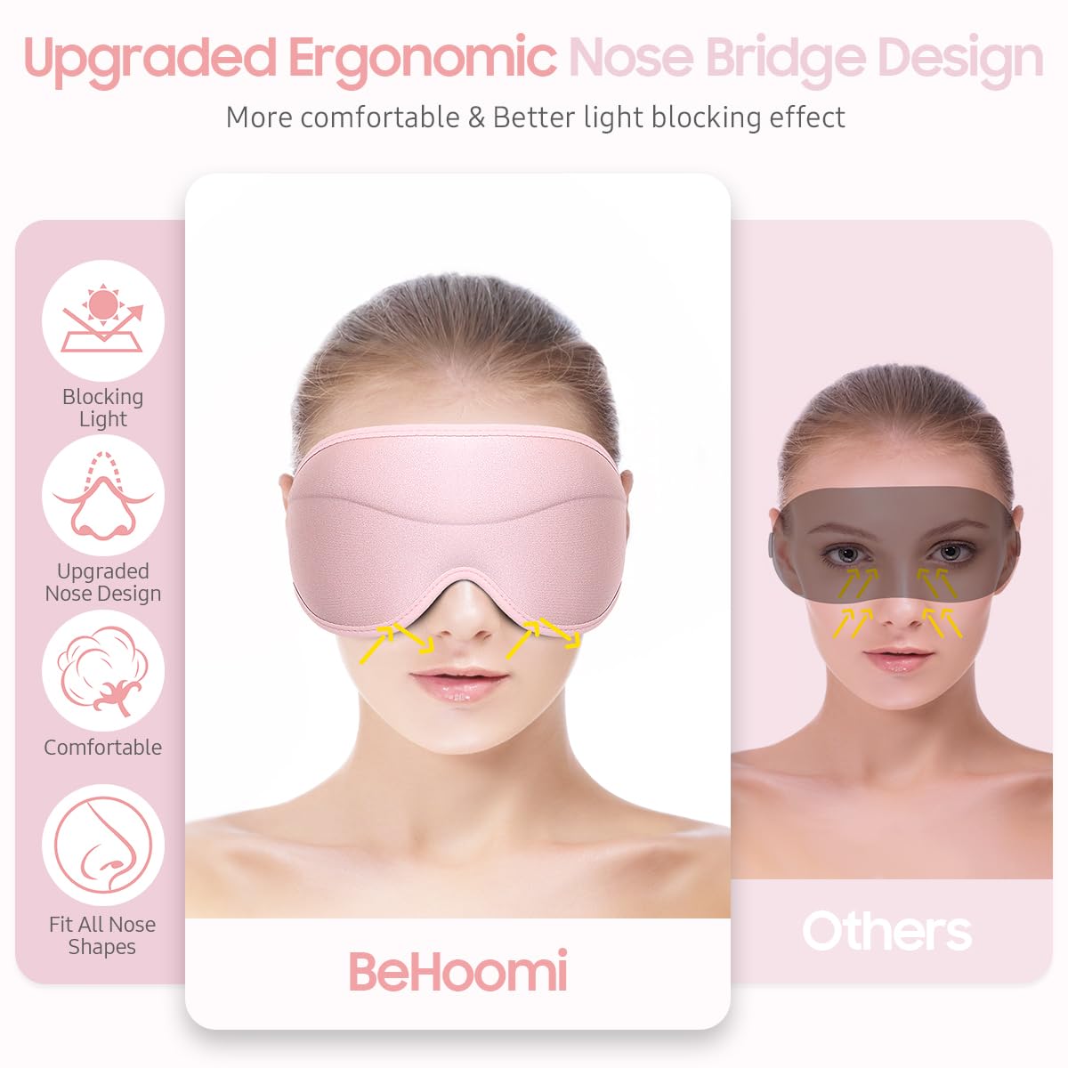 BeHoomi Sleep Mask, Premium Eye Mask for Sleeping, Total Blackout, Super Soft Comfort, Adjustable Fit, Upgraded 3D Ergonomic Designed Sleeping Mask for Home, Office, Travel, Meditation, Yoga, Pink