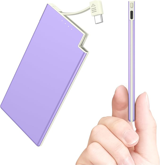 Auskang Purple Slim Power Bank with Built in Cable-5000mAh Thin USB C Portable Charger Compatible with iPhone16 15 Series/Samsung, Google Pixel/Android etc-Thin Battery Pack for Outdoor Travel