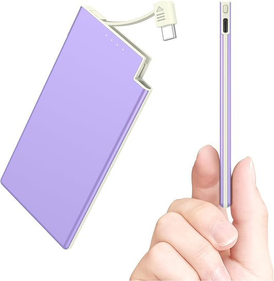 Auskang Purple Slim Power Bank with Built in Cable-5000mAh Thin USB C Portable Charger Compatible with iPhone16 15 Series/Samsung, Google Pixel/Android etc-Thin Battery Pack for Outdoor Travel
