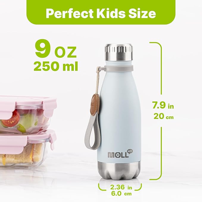 9 oz Water Bottle for Kids-Small Stainless Steel Water Bottle for School Vacuum Insulated Metal Leak Proof Cola Shape Water Flask for Boys Girls(Baby Blue)