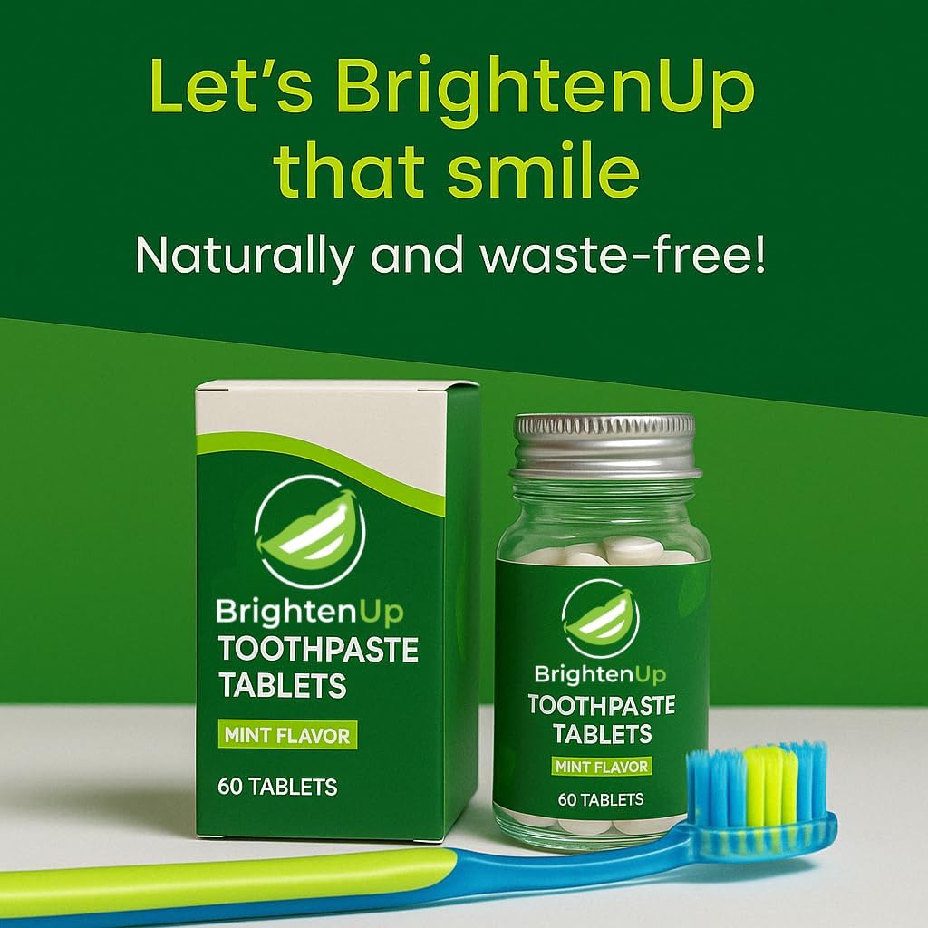 BrightenUp Toothpaste Tablets – Natural Whitening with Nano-Hydroxyapatite, Xylitol & Peppermint | Chewable, Fluoride-Free, Plastic-Free, TSA-Friendly | Remineralizes Enamel | 60 Tablets (1 Month)