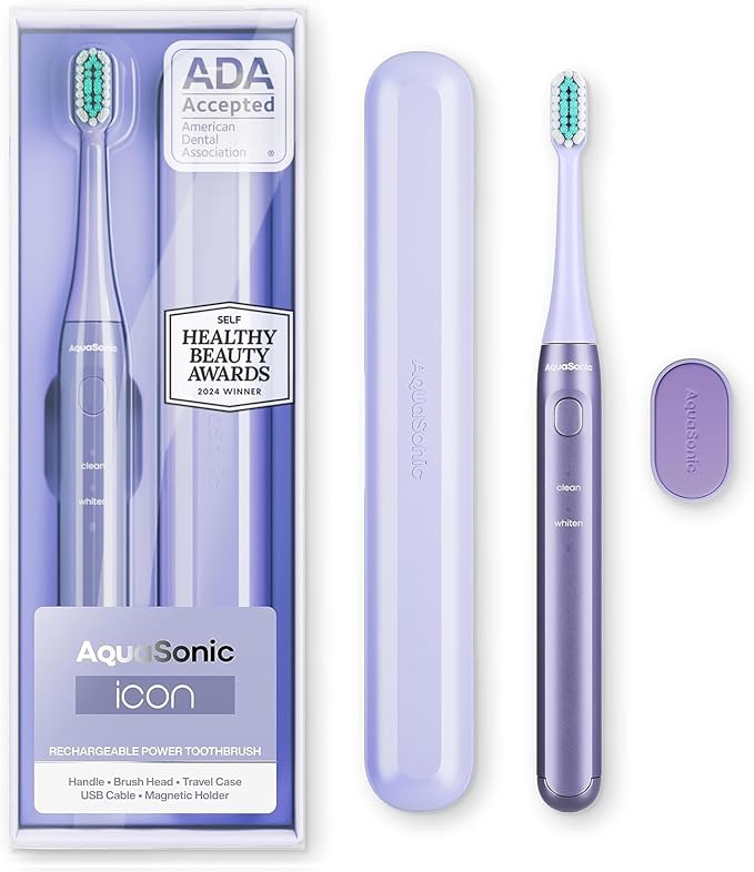 Aquasonic Icon ADA-Accepted Rechargeable Toothbrush | Magnetic Holder & Slim Travel Case | 2 Brushing Modes & Smart Timers | Gentle Micro-Vibrations (Lilac)