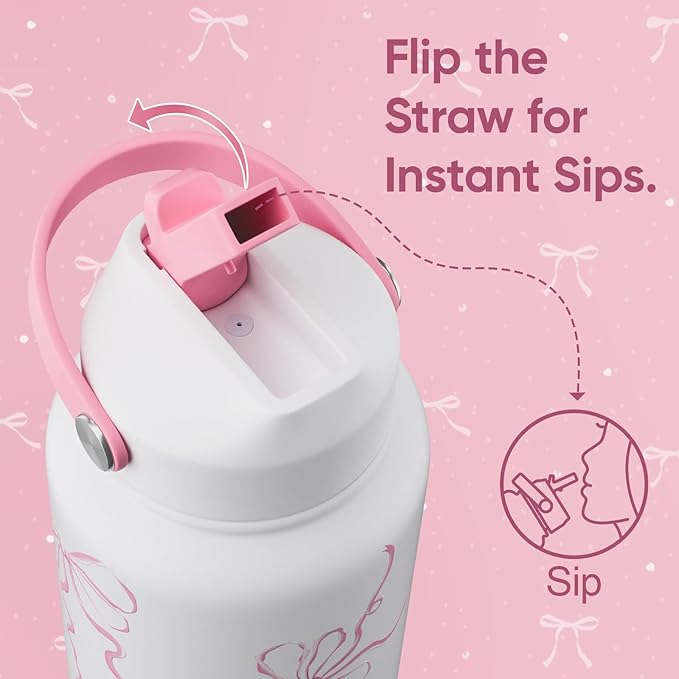 32 oz Insulated Water Bottle with Straw, Bow Water Bottle Stainless Steel with Flip Straw and Handle, Leak Proof, Metal, Reusable, Wide Mouth, for Travel, Gym and School (Breeze Pink Bow)