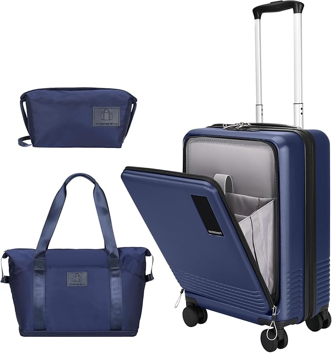 20 inch Small Carry On Luggage Front Open with Laptop Pocket, ABS+PC Hard Shell Suitcase with Spinner Wheels TSA Lock & YKK Zipper, 20in/Toiletry Bag/Handbag, Dark Deep Navy Blue