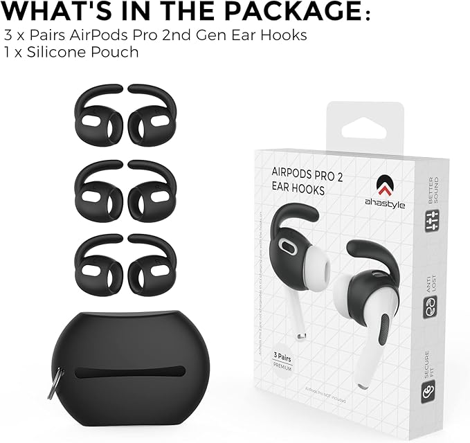 AhaStyle 3 Pairs AirPods Pro 2nd Generation Ear Hooks【Added Storage Pouch】 Anti-Slip Ear Covers Silicone Accessories Compatible with Apple AirPods Pro 2nd Generation (3 Large, Black)