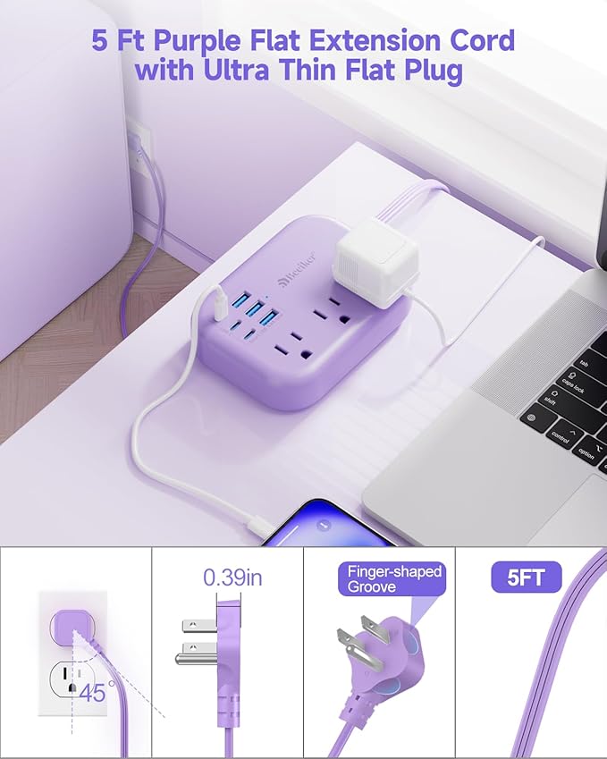 6 USB(3 USB C) Purple Travel Power Strip- 5Ft Purple Extension Cord with USB Charging Station 24W and 3 Outlets, Pink Desk Accessories for Cruise Travel Cute Kawaii Lavender Home Office Dorm Room