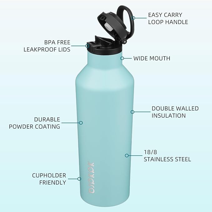 BJPKPK Insulated Water Bottle With Straw 25oz Stainless Steel Water Bottles With 2 Lids And Carry Handle Reusable Travel Metal Thermo,Turquoise