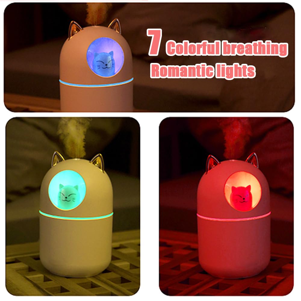 Portable Small Humidifier, YIMIKE 300ml Mini Cool Mist Humidifier with Night Light, USB Personal Humidifier Auto Shut-Off, Ultra-Quiet, 2 Spray Modes, Suitable for Home Office Travel (Light Pink)