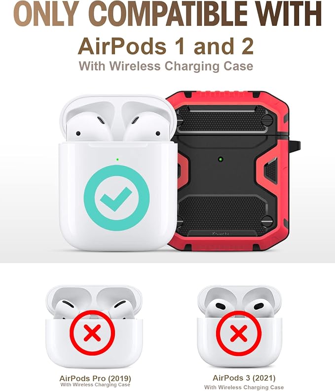 Koaichi Compatible with AirPods Case, Full-Body Rugged Hard Shell Protective Case Cover with Keychain Designed for AirPods 1st & 2nd, Black/Red