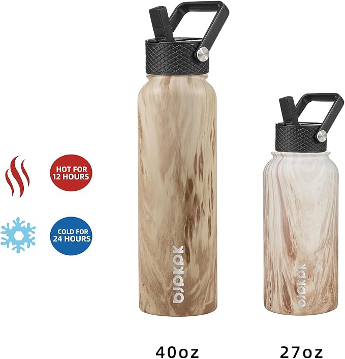 BJPKPK Insulated Water Bottles with Straw Lid, 27oz Stainless Steel Water Bottle with 3 Lids, Leak Proof BPA Free Metal Thermo, Mugs, Tumblers, Keep Cold Hot - Wood- Yellow Gray