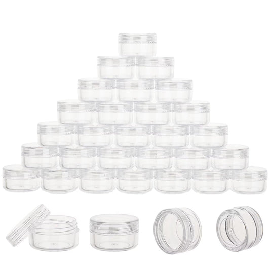 200 Count 5 Gram Sample Containers, Clear Lip Balm Containers with Lids, Small Plastic Sample Jars with 12 Mini Spoons, 200pcs Labels (Clear Lid)