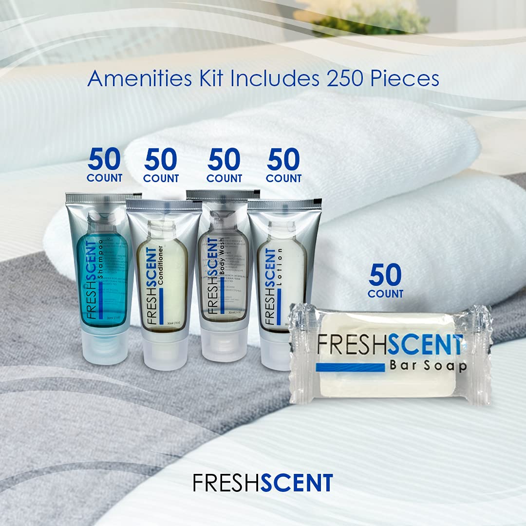 Freshscent Hotel Collection 250 Piece Set. Travel Size Amenities Bulk Toiletries Kit of 50 Each 1oz tubes Shampoo, Conditioner, Body Wash and Lotion. 50 Bars 1oz Soap
