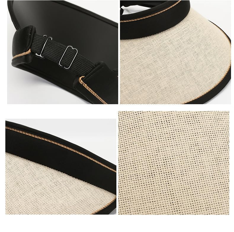 UPF 50+ Sun Visors for Women Wide Brim Beach Hat Foldable Straw Visor Hat Summer Packable (Khaki-Black)