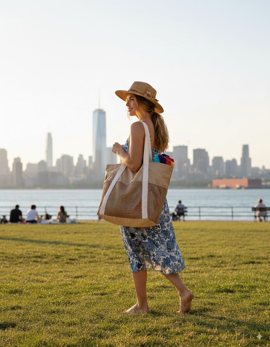 F-color Waterproof Beach Bag for Women - 8 Pockets Foldable Beach Bag Tote with Sandproof Side Mesh Bag, Carry on Tote Bag with Zipper for Travel Pool Swim Cruise Vacation Essentials, Khaki