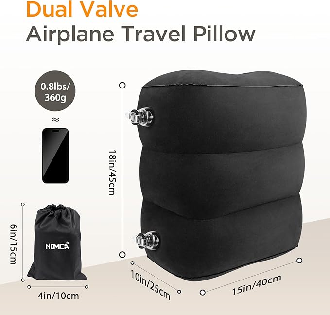 Inflatable Travel Foot Rest Pillow(2 Packs), Adjustable Height Leg Pillow，Fast Inflating Airplane Bed for Toddlers，Footrest Pillow for Office, Airplane，Train，Cars，Home (Black)