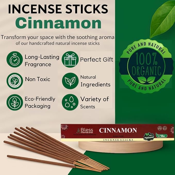 Bless-Cinnamon 100%-Natural-Handmade-Hand-Dipped-Incense-Sticks Organic-Chemicals-Charcoal-Free Purification-Relaxation-Positivity-Yoga-Meditation Best-Woods-Scent (25 Sticks (1.4 OZ))