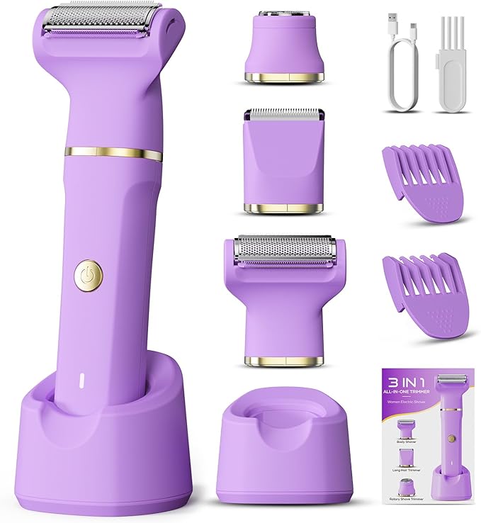 Bikini Trimmer 3 in 1 Electric Razor for Women - IPX7 Waterproof Wet & Dry Body Shaver, Pubic & Facial Hair Remover with Ceramic Blade, USB Rechargeable Dock & Gift Ready