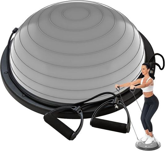 Balance Ball Trainer-Half Ball for Yoga with Resistance Band and Foot Pump, Improve Workout Half Balance Ball,Exercise Balance Ball for Stability Training and Home Gym