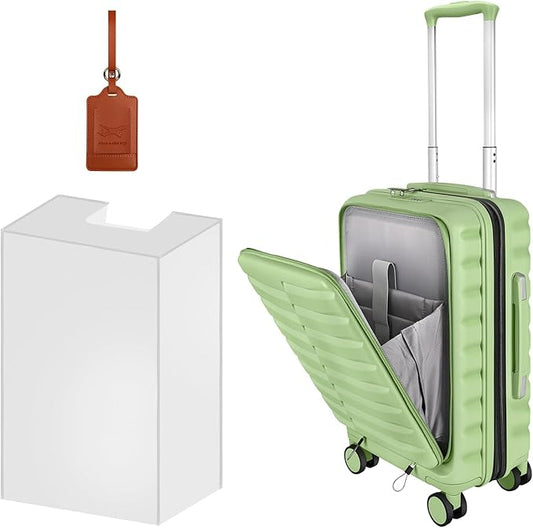 22×14×9 Airline Approved Carry On Luggage with Front Open Pocket, Spinner Wheels, ABS+PC Hardshell Small 20inch Suitcase with Protective Cover and Luggage Tag, Avocado Green