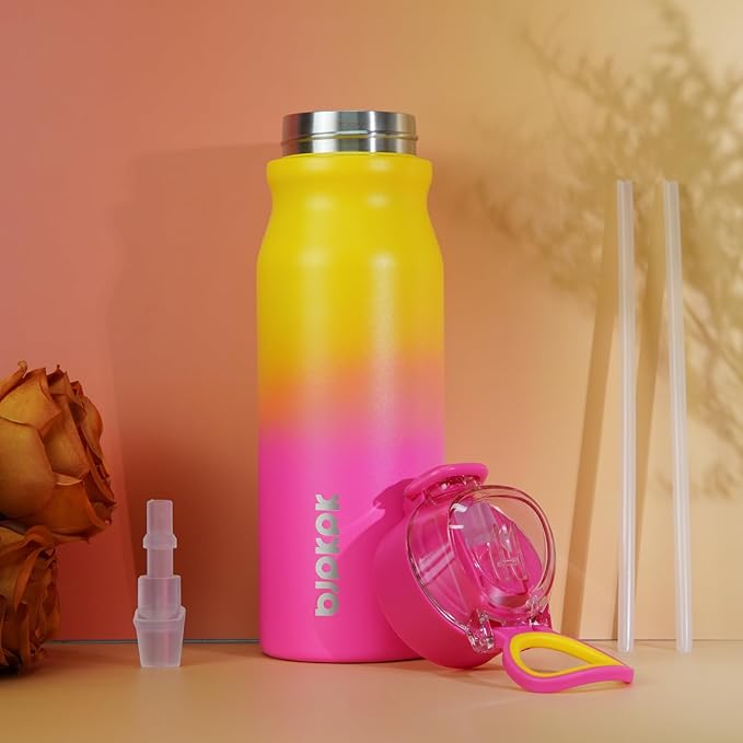 BJPKPK 25oz Insulated Water Bottle With Straw Stainless Steel Double Wall Water Bottles BPA Free Leak Proof Thermo With Lockable Flip Lid And Soft Silicone Spout,Rainbow