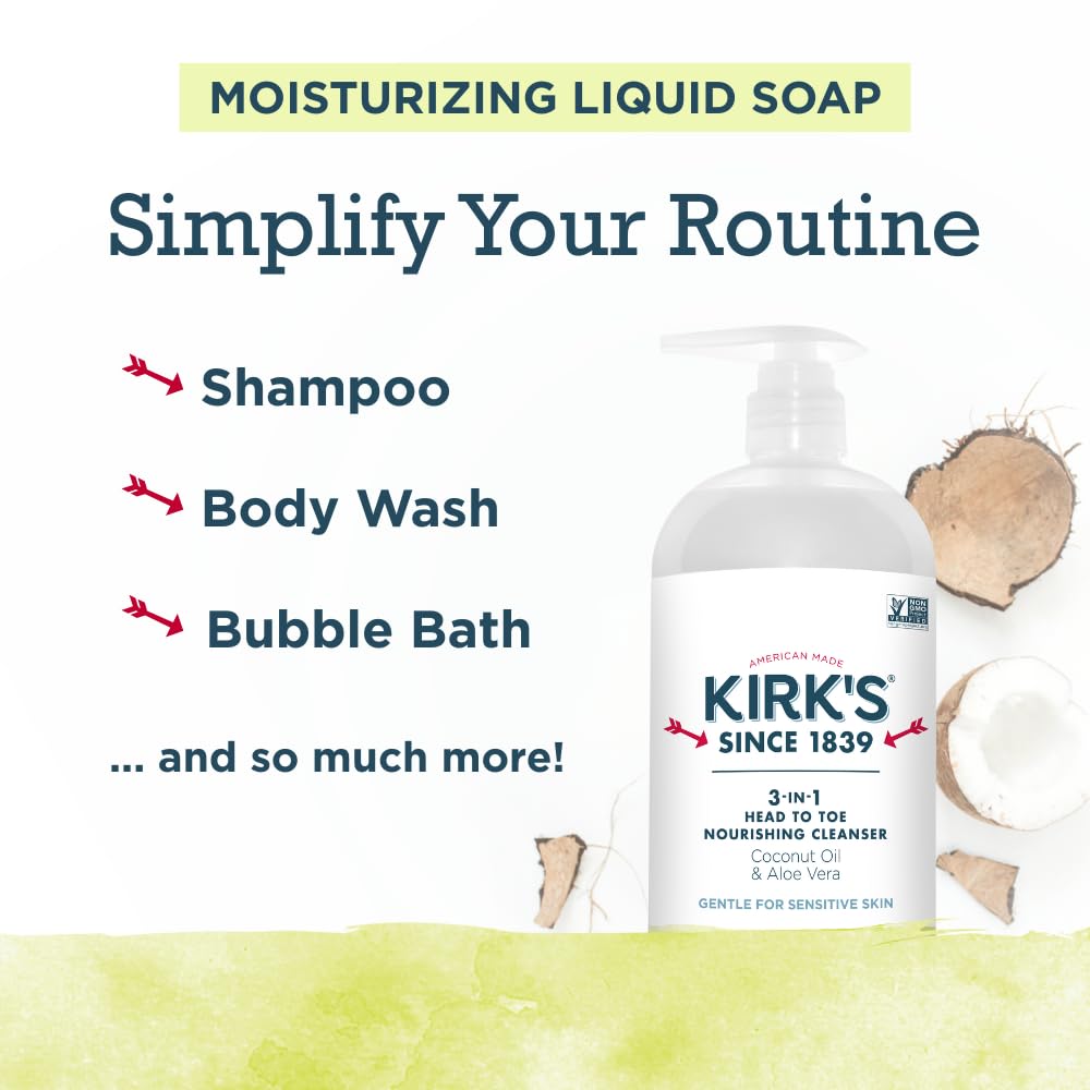 Kirk's 3-in-1 Castile Liquid Soap Travel Size Bar Soap (1.13 oz.) | Head-to-Toe Clean Shampoo, Face Soap & Body Wash for Men, Women & Children | Juniper & Lime Scent | 32 Fl Oz.