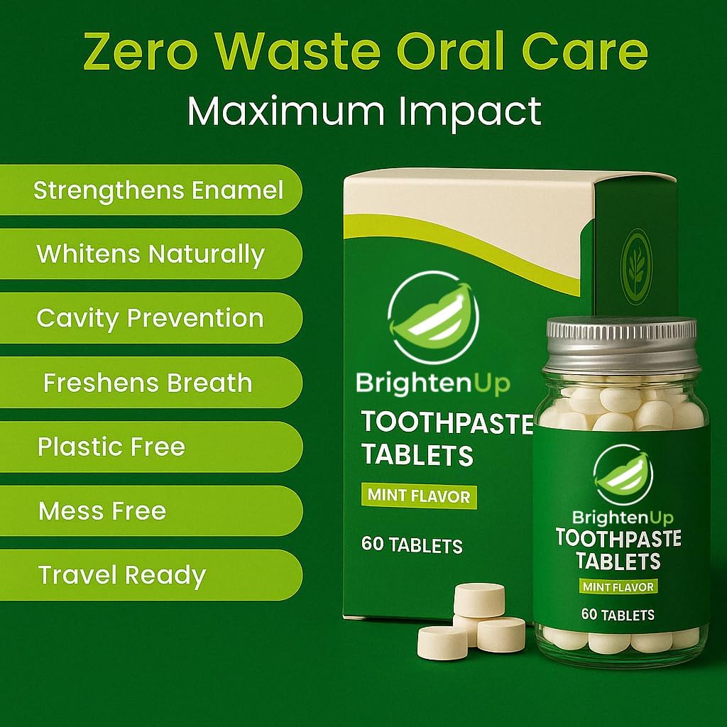 BrightenUp Toothpaste Tablets – Natural Whitening with Nano-Hydroxyapatite, Xylitol & Peppermint | Chewable, Fluoride-Free, Plastic-Free, TSA-Friendly | Remineralizes Enamel | 60 Tablets (1 Month)